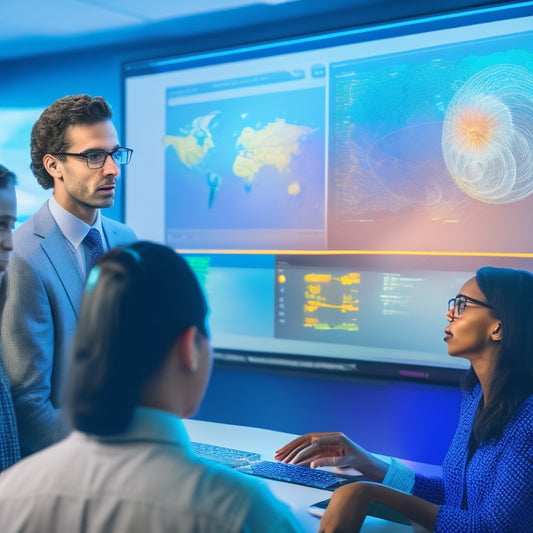 An illustration of a teacher standing in front of a brightly lit, interactive whiteboard, surrounded by swirling data points and charts, with students engaged and collaborating in the background.