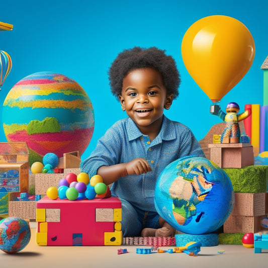 A colorful illustration of a happy, curious child surrounded by educational toys and games, with building blocks, puzzles, and a globe in the background, conveying fun and interactive learning.