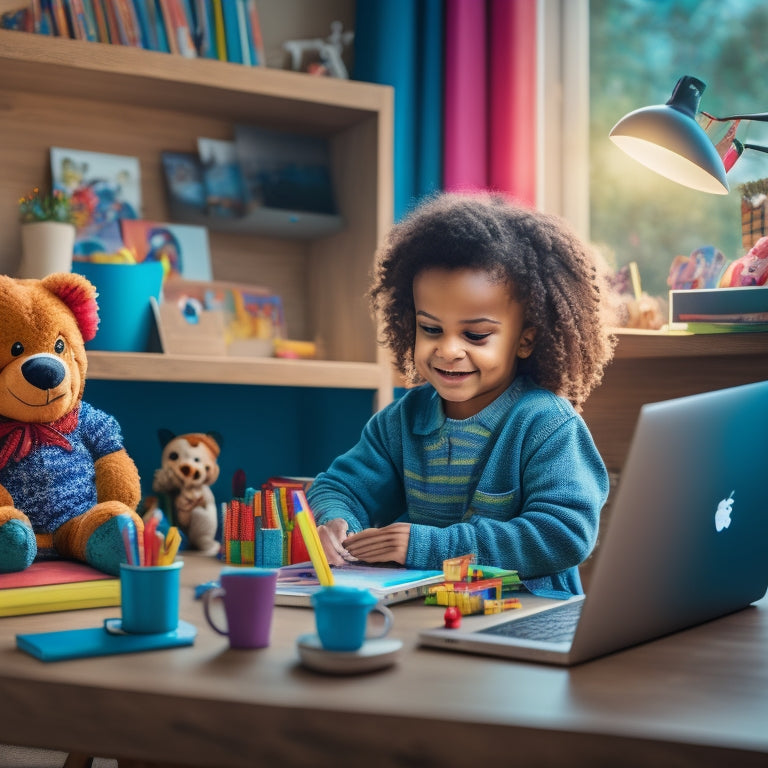 A colorful illustration of a young child sitting at a desk in a cozy home environment, surrounded by toys and books, with a laptop open to a virtual classroom, and a smiling teacher on the screen.