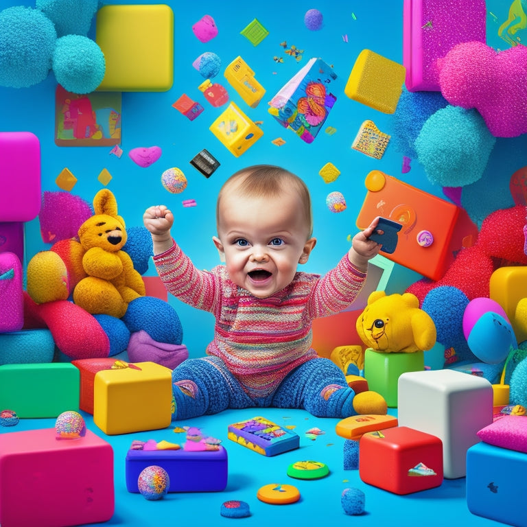 A colorful illustration of a toddler surrounded by floating tablets and smartphones, with interactive learning icons and characters bursting out of the screens, amidst a whimsical background of blocks, toys, and confetti.