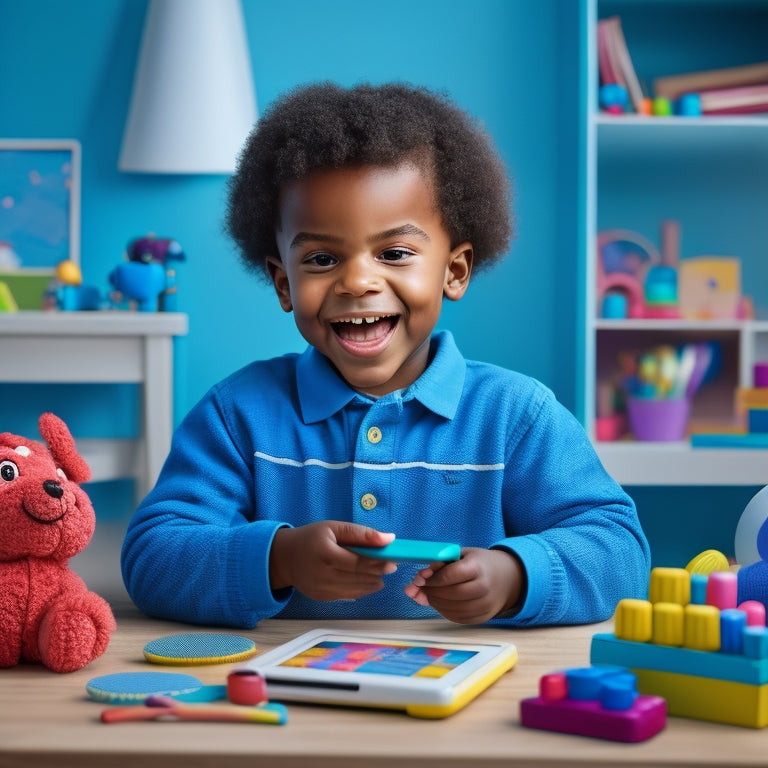 A colorful illustration of a smiling child sitting in a bright, organized room surrounded by educational toys and gadgets, with a tablet displaying a fun, animated math game.