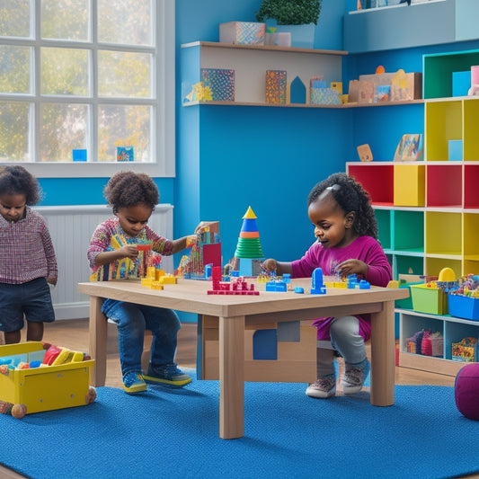 A colorful, clutter-free playroom with a wooden table covered in various manipulatives, such as counting blocks, shape sorters, and pattern blocks, surrounded by curious, diverse children aged 3-5 engaged in playful learning.