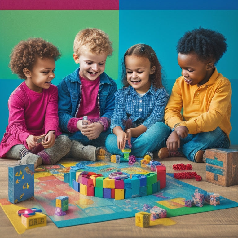 A colorful illustration of three happy children (ages 6-10) sitting in a circle, surrounded by math-themed toys and game boards, engaged in playful learning activities, with blocks, dice, and counting bears scattered around.