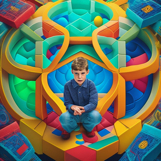A whimsical illustration of a puzzled 5th grader surrounded by swirling brain teasers, featuring a maze with a hidden exit, a Rubik's Cube, and a Venn diagram with overlapping circles.
