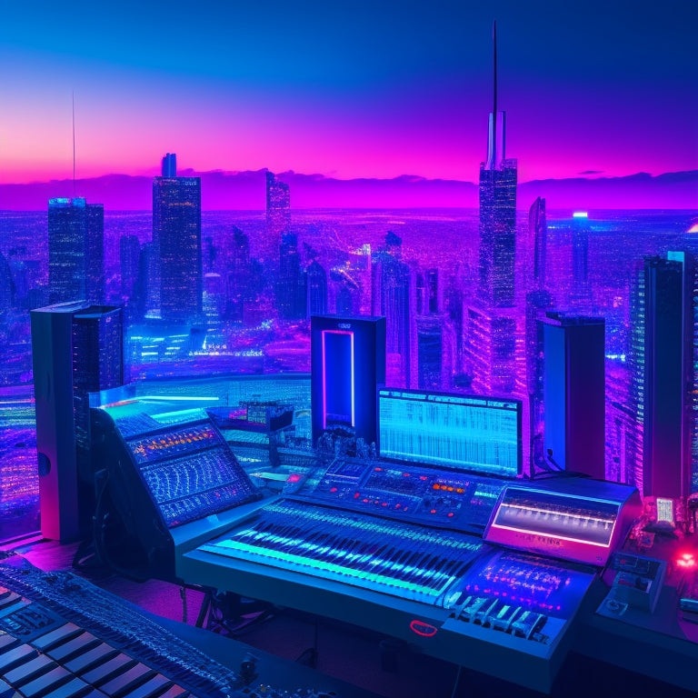 A futuristic, neon-lit studio setup with a sleek, silver GX-80 synthesizer center-stage, surrounded by patch cables, pedals, and a cityscape backdrop with towering skyscrapers and vibrant LED lights.