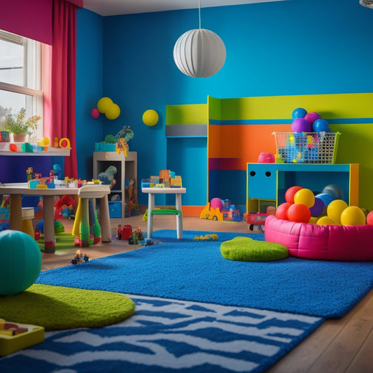 A colorful, clutter-free playroom with a mix of educational toys, including a sensory ball pit, stacking blocks, and a interactive light table, surrounded by calm, engaged children with autism.