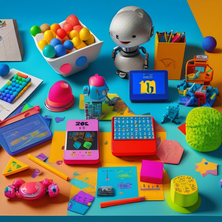 A colorful, clutter-free desk with a variety of virtual math educational toys, including a tablet with a math app, a robot, and 3D shapes, surrounded by happy, curious kids' faces and hands.