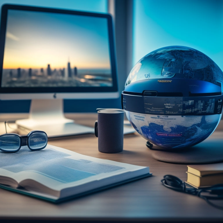 A futuristic, virtual reality headset on a desk, surrounded by math textbooks, calculators, and a globe, with a blurred background of a NASA control room or a futuristic cityscape.