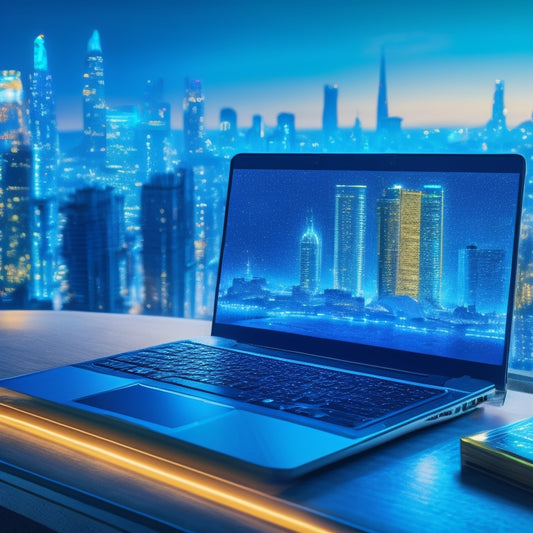 A futuristic, sleek laptop sits atop a pile of gold coins, with a cityscape of towering skyscrapers and bustling streets in the background, surrounded by rising graph lines and glowing blue circuits.