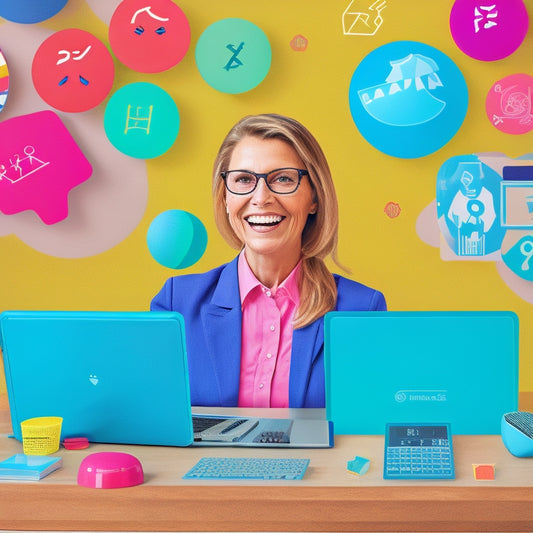 A colorful, digital illustration of a smiling teacher surrounded by various elementary math symbols (+, -, x, /) and icons (abacus, calculator, geometric shapes) on a whiteboard, with a laptop and tablet in the background.