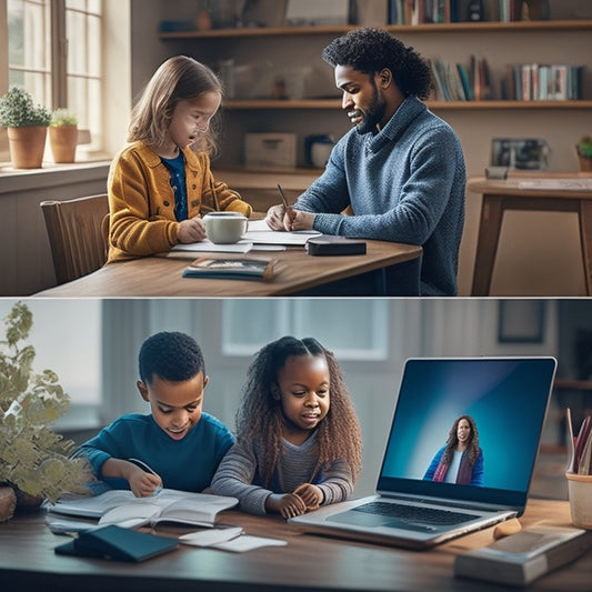 A warm and inviting illustration featuring a split-screen composition: a parent and child sitting at a desk at home, surrounded by laptops and notebooks, connected via video call to a teacher and classmates in a virtual classroom.