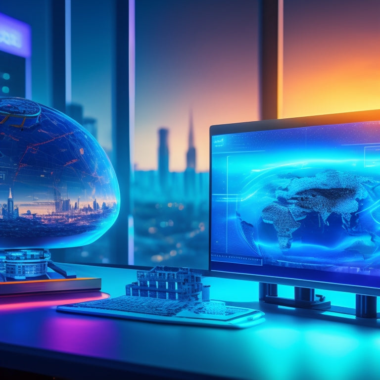 A futuristic virtual classroom with a holographic globe, robots, and coding blocks surrounding a central tablet displaying a split-screen of STEM apps, set against a neon-lit cityscape backdrop.