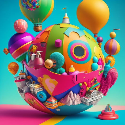 A vibrant, stylized illustration of a globe surrounded by diverse, colorful toys and educational materials, with explosion-like shapes and lines radiating outward, conveying rapid growth and expansion.