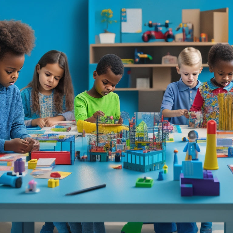 A colorful, clutter-free desk with a diverse group of 6-10 year olds surrounding it, engaged with various STEM toys such as robotics, building blocks, and science kits, amidst scattered papers and pencils.