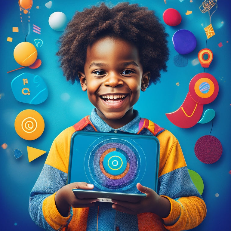 A colorful illustration of a happy child holding a tablet, surrounded by swirling math symbols and shapes, with a subtle Android logo in the background.