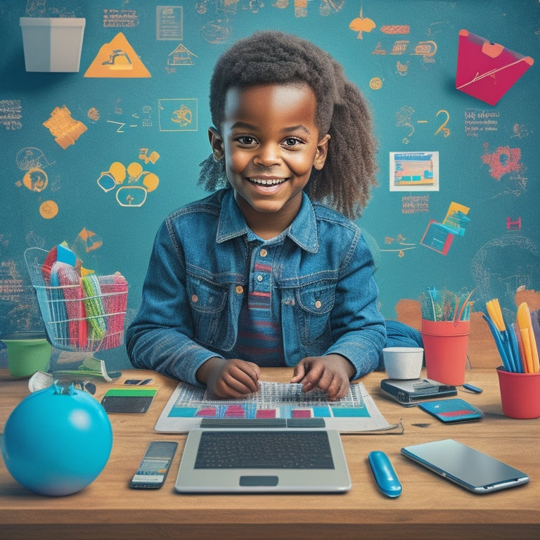 A colorful illustration of a happy child sitting at a desk surrounded by various digital devices, with math-related icons and graphics floating around, blending traditional and digital learning elements.