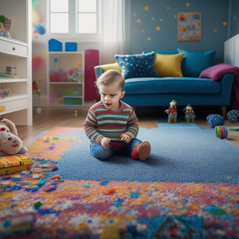 Illustrate a vibrant, clutter-free playroom with a toddler sitting on a colorful rug, surrounded by tablets, toys, and educational materials, with a few scattered stars and confetti sparks.