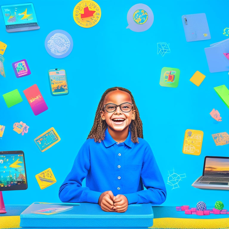 A colorful illustration of a happy 5th grader surrounded by laptops, tablets, and smartphones, all displaying fun math games, with math symbols and icons floating around, set against a bright blue background.