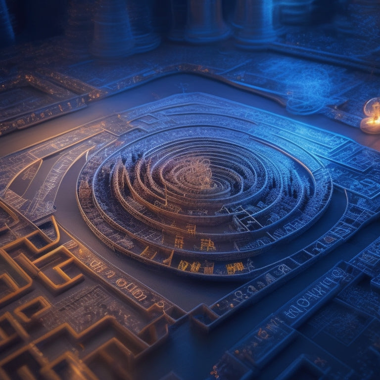 An illustration depicting a maze with a tangled thread unravelling to reveal a glowing equation sign (=) at the center, surrounded by scattered numbers and mathematical symbols.
