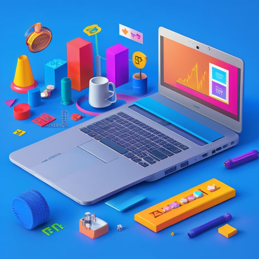 A colorful illustration of a laptop surrounded by diverse math-related icons (e.g., numbers, shapes, graphs) and assistive technology symbols (e.g., wheelchair, hearing aid), set against a bright, gradient blue background.