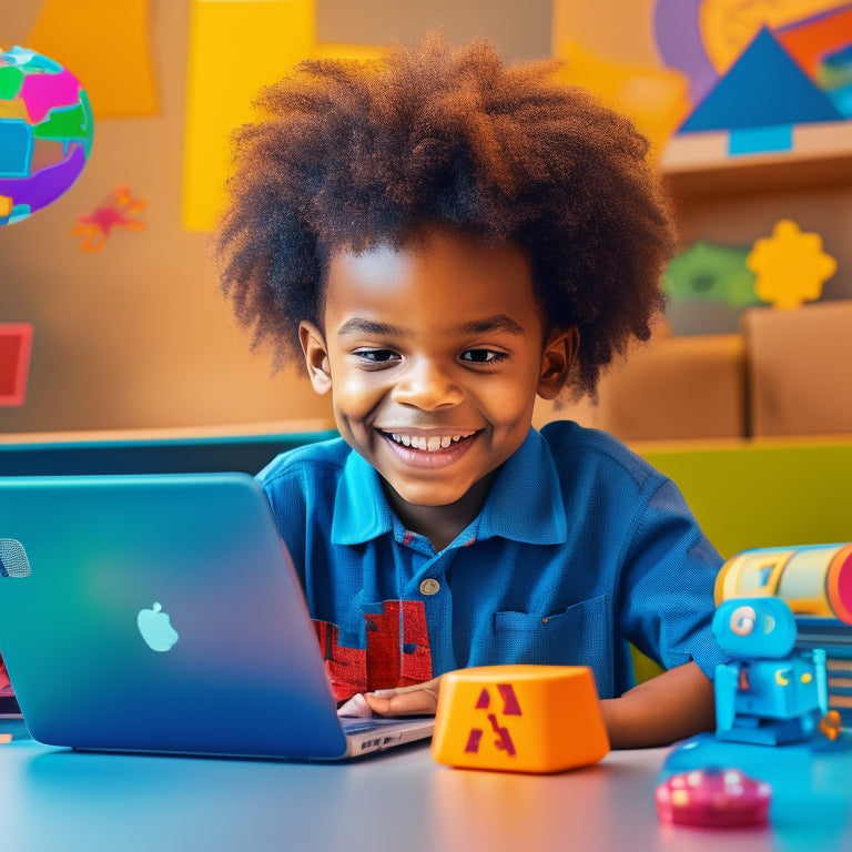 A colorful illustration of a smiling kid sitting in front of a laptop, surrounded by math symbols and shapes, with a globe and a robot in the background, interacting with virtual manipulatives.