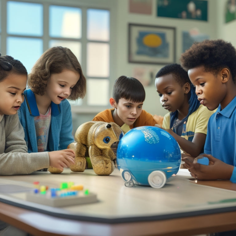 An illustration of a diverse group of elementary students gathered around a tablet, surrounded by robotic animals, 3D geometric shapes, and a miniature globe, with a subtle cityscape and coding symbols in the background.