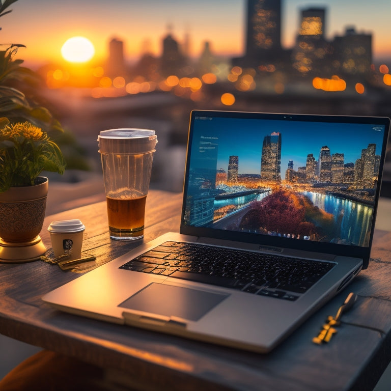 A golden key unlocking a laptop screen displaying a persuasive sales page, surrounded by scattered papers with scribbled notes and empty coffee cups, set against a blurred cityscape at dusk.