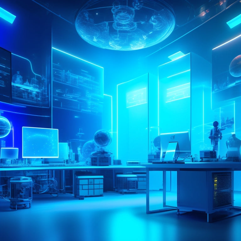 A futuristic laboratory background with 3D models of molecules, planets, and human anatomy, surrounded by laptops and tablets displaying interactive simulations, with subtle neon lights and gentle fog effects.
