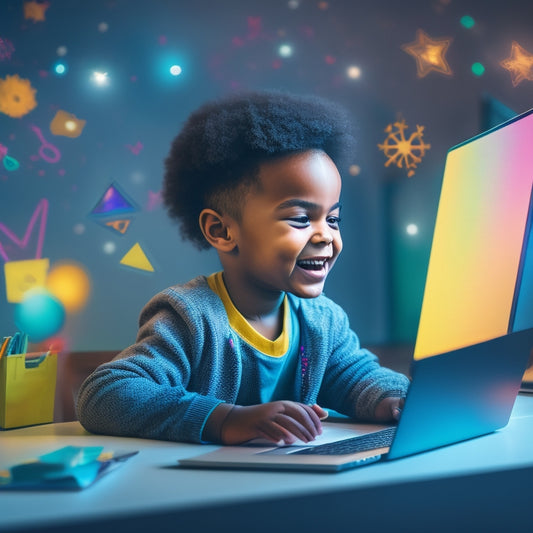 A colorful, clutter-free illustration of a happy child sitting at a desk in front of a large, glowing laptop screen displaying a virtual classroom with animated math symbols and shapes floating around.