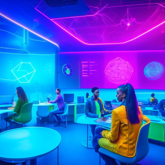 A futuristic classroom with diverse students engaging with virtual reality headsets, surrounded by floating robotic models, 3D molecular structures, and interactive mathematical graphs, amidst a colorful, neon-lit atmosphere.