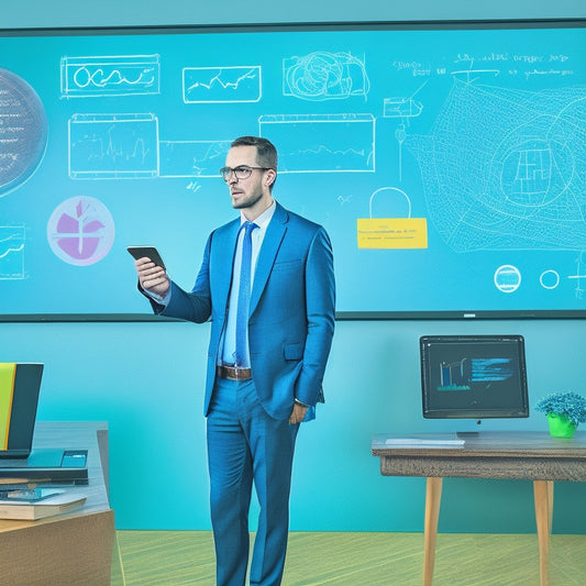 A colorful illustration of a teacher standing in front of a whiteboard, surrounded by digital devices and math symbols, with a laptop, tablet, and smartphone displaying math apps and graphs.