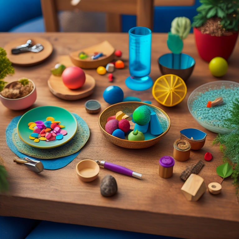 A colorful, clutter-free table setting with assorted early childhood learning kits, featuring a miniature globe, geometric shapes, counting blocks, and a toy microscope surrounded by various natural materials like leaves and rocks.