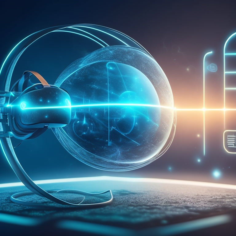 A futuristic, minimalist background with a pair of virtual reality goggles and a few floating, glowing math symbols (e.g., pi, infinity, and equal signs) orbiting around a glowing, translucent brain.