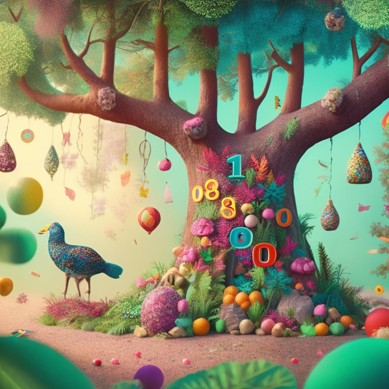 A colorful illustration of a whimsical forest, where trees are shaped like numbers, and their branches break down into smaller numerals, surrounded by playful creatures and confetti, conveying a sense of fun and decomposition.