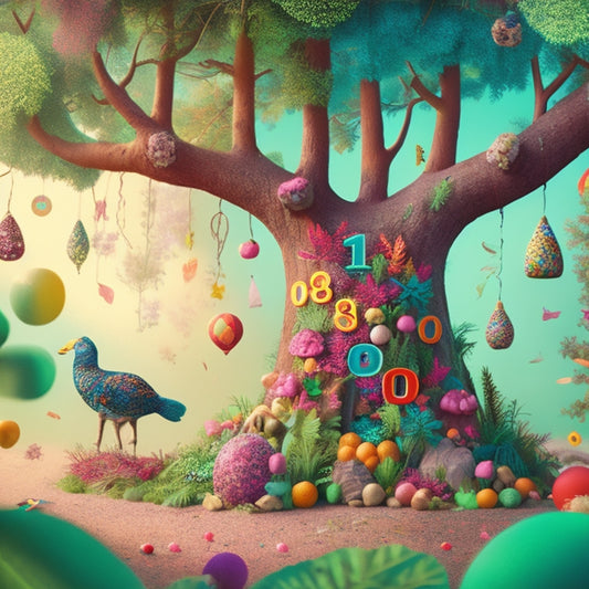 A colorful illustration of a whimsical forest, where trees are shaped like numbers, and their branches break down into smaller numerals, surrounded by playful creatures and confetti, conveying a sense of fun and decomposition.