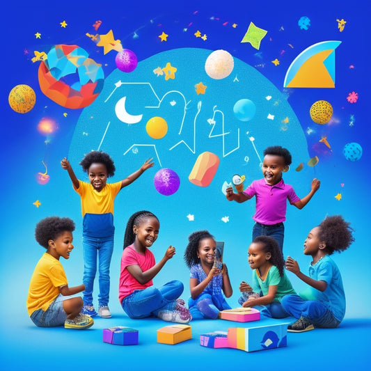 A colorful illustration of a happy, diverse group of kids (ages 6-12) gathered around a large, glowing iPhone, surrounded by math-inspired icons (numbers, shapes, etc.) and confetti, with a subtle, gradient blue background.