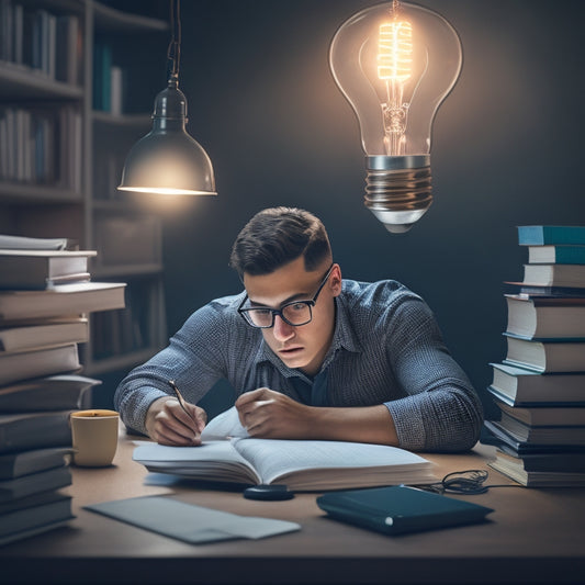 An illustration of a student sitting at a desk, surrounded by math textbooks and a computer, with a puzzled expression, suddenly having an "aha" moment as a lightbulb appears above their head.