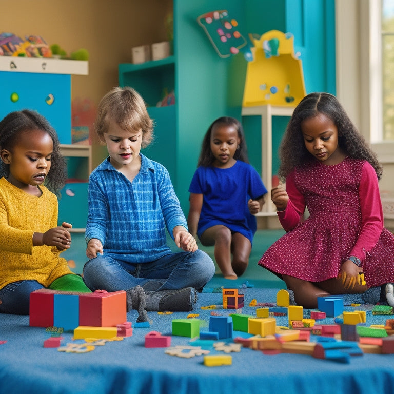 A colorful, clutter-free playroom scene featuring diverse kids aged 4-8 engaged with various interactive math toys, such as shape-sorting blocks, number lines, and geometric puzzles, amidst scattered math-related props.