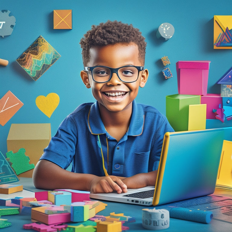 A colorful illustration of a smiling cartoon kid surrounded by math-related objects like puzzles, graphs, and geometric shapes, with a laptop and tablet in the background showcasing digital math tools.