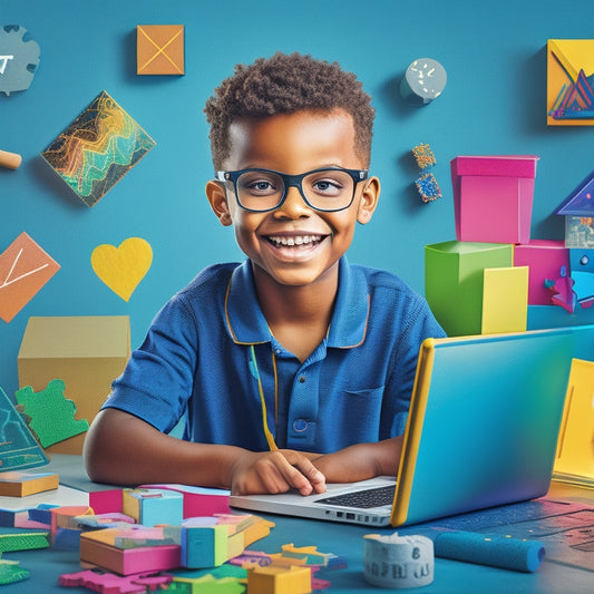 A colorful illustration of a smiling cartoon kid surrounded by math-related objects like puzzles, graphs, and geometric shapes, with a laptop and tablet in the background showcasing digital math tools.