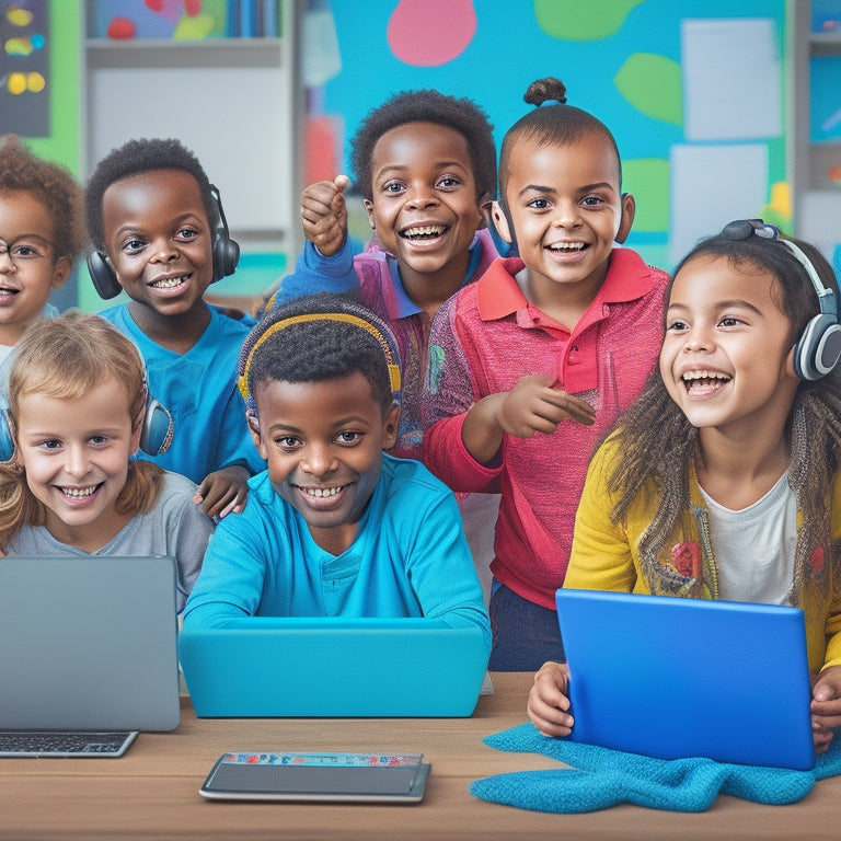 A colorful illustration of a diverse group of happy children from different cultures, ages, and abilities, surrounded by laptops, tablets, and headphones, engaged in interactive language learning activities.