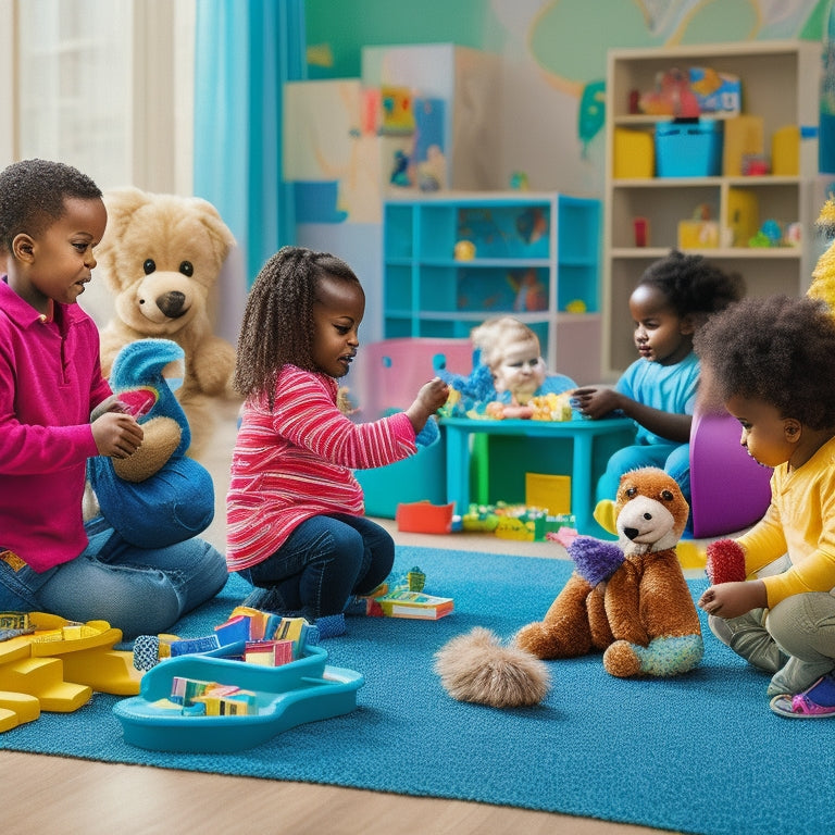 A colorful playroom scene featuring a diverse group of toddlers engaged in various literacy-building activities: building with alphabet blocks, playing with letter-shaped puzzles, and reading books with stuffed animal friends.