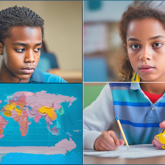 A split-screen image: on the left, a confused student surrounded by scattered math worksheets and puzzled facial expressions, and on the right, a subtle background of a world map with language flags tangled in mathematical symbols.