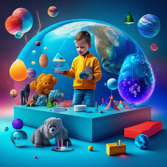 A colorful illustration of a curious kid surrounded by floating tablets and smartphones displaying interactive science experiments, diagrams, and 3D models of planets, animals, and molecules.