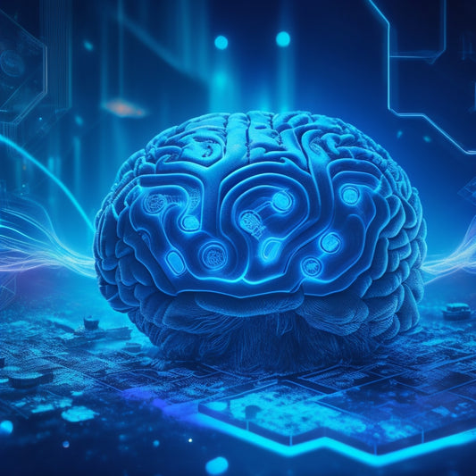 A mesmerizing, futuristic brain with glowing blue circuits and swirling math symbols (π, ∞, ≠) surrounded by scattered puzzle pieces, chessboards, and cryptic codes on a dark, gradient background.