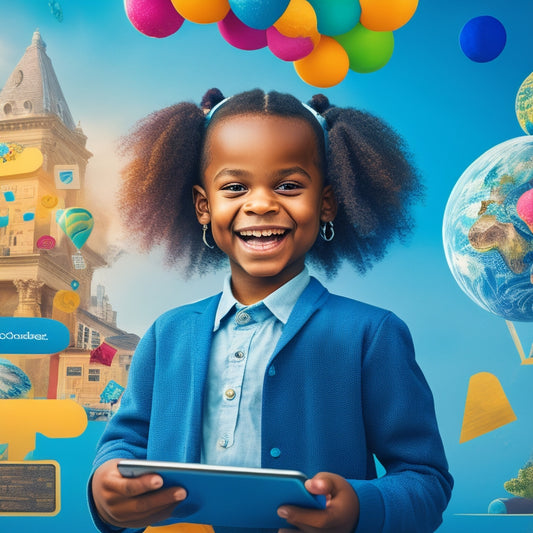 A colorful illustration of a smiling child surrounded by floating math symbols, tablets, and smartphones, with a subtle cityscape or school background, conveying fun and interactive learning.