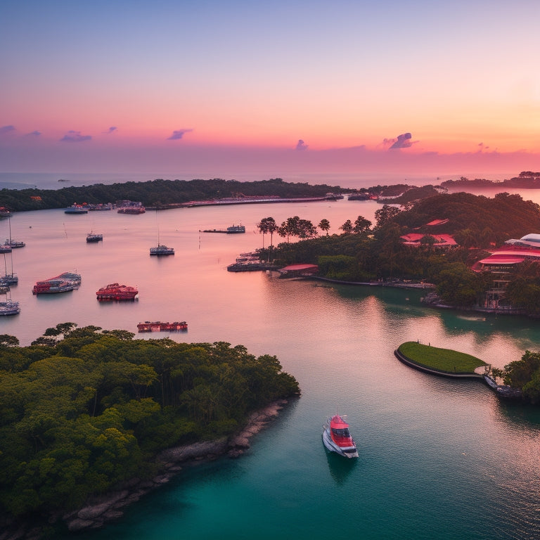 A serene aerial view of Sentosa Island at dusk, with vibrant hues of orange and pink reflecting off the calm waters, lush green forests, and sleek architecture of the coastal buildings.