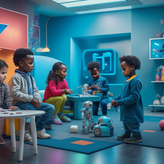 A futuristic playroom with a diverse group of children aged 4-10, surrounded by robots, coding blocks, and augmented reality screens, engaged in collaborative learning and creative play.