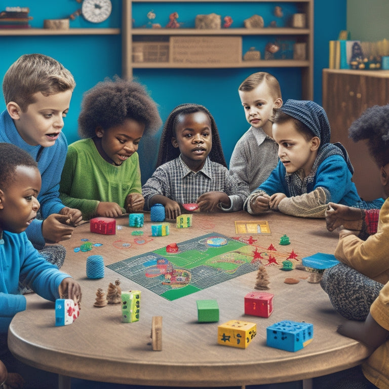 A colorful illustration featuring a happy, diverse group of children gathered around a table, surrounded by math-themed game boards, dice, and puzzles, with a subtle background of chalkboard equations and graphs.