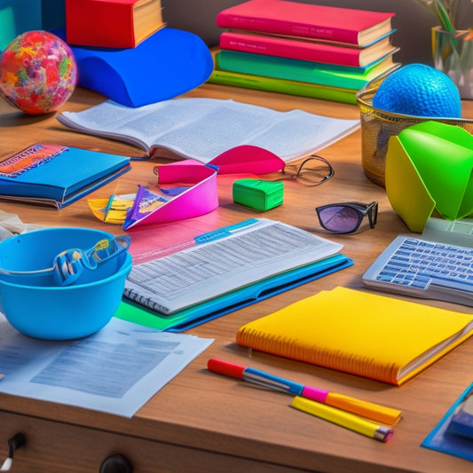 A cluttered desk with an 8th grader's math textbook, scattered worksheets, and a few crumpled up papers, surrounded by a calm and organized laptop and notebook with a math problem being solved in a neat and colorful manner.